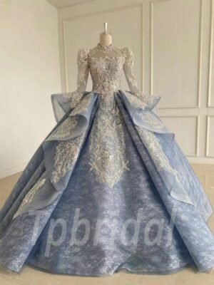 grey long sleeve prom dress 1058-001