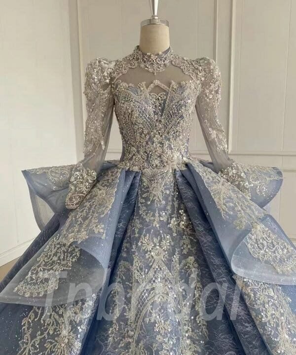 grey long sleeve prom dress 1058-002