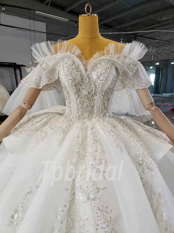 Rhinestone Wedding Dress Off The Shoulder Ball Gown With Train