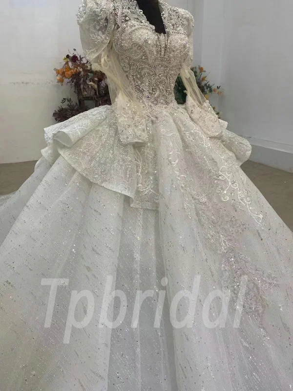 Ball Gown Wedding Dress With Sleeves V Neck Bridal Gown - Image 3