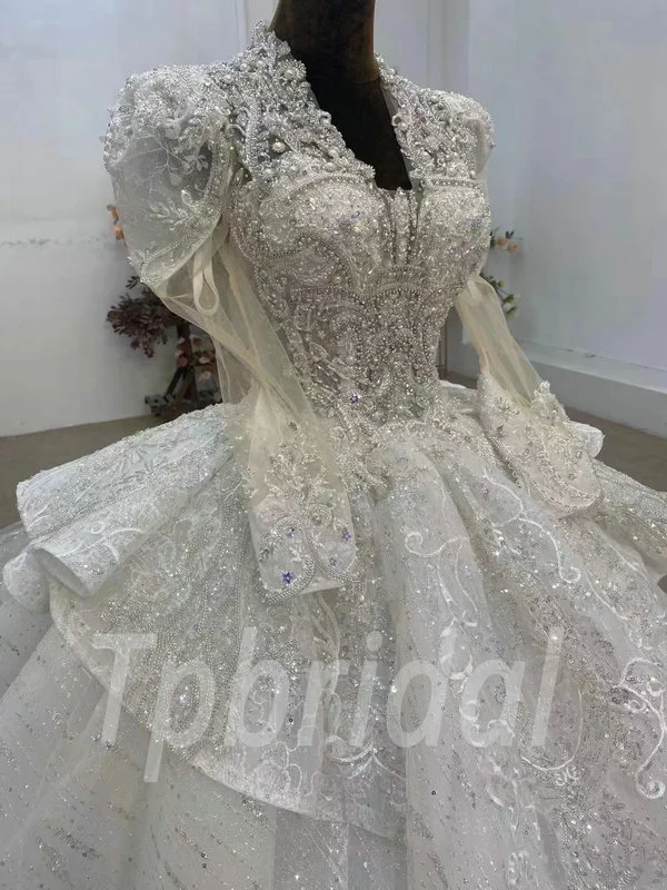 Ball Gown Wedding Dress With Sleeves V Neck Bridal Gown - Image 4