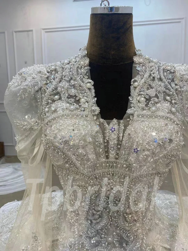 Ball Gown Wedding Dress With Sleeves V Neck Bridal Gown - Image 6