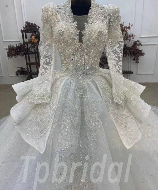 v neck ball gown wedding dress with sleeves 1061-005