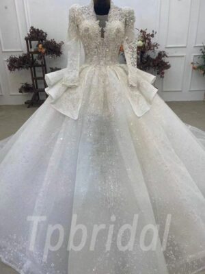 v neck ball gown wedding dress with sleeves 1061-006