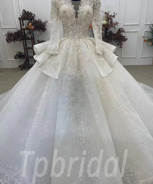 v neck ball gown wedding dress with sleeves 1061-006