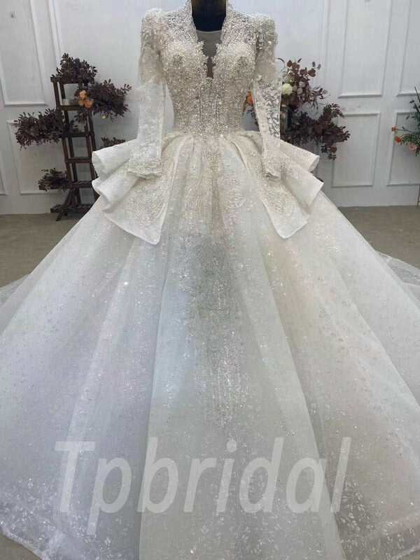 v neck ball gown wedding dress with sleeves 1061-006