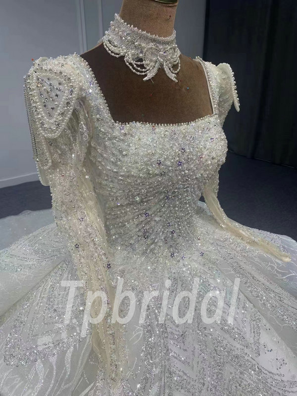 Long Sleeve Square Neck Wedding Dress Ball Gown With Train