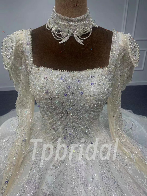 Long Sleeve Square Neck Wedding Dress Ball Gown With Train