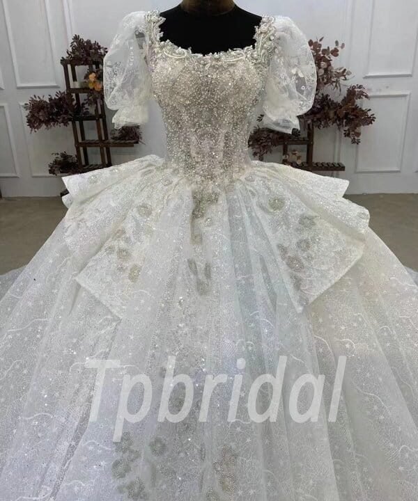 Alternative view of Puffy Wedding Gown Short Sleeve Ball Gown Lace Bridal Dress