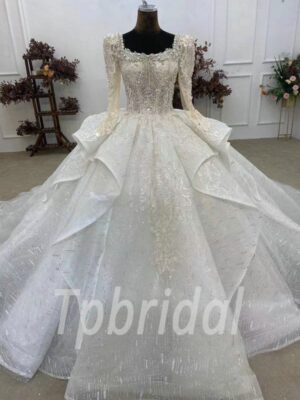 square neck long sleeve wedding dress 1075-003