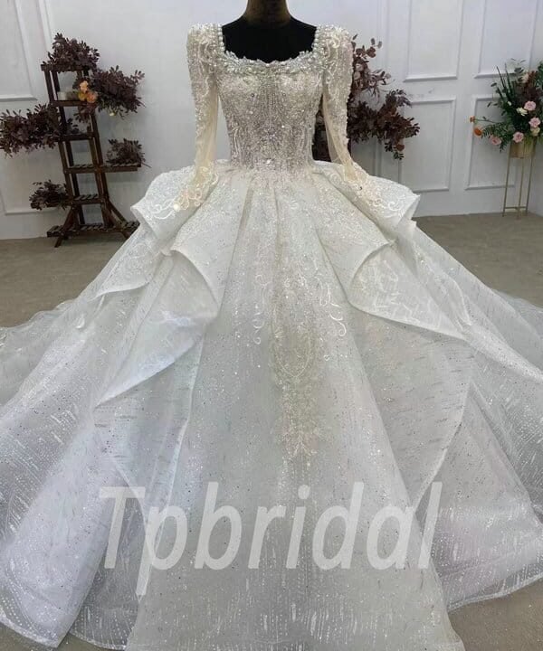 square neck long sleeve wedding dress 1075-003