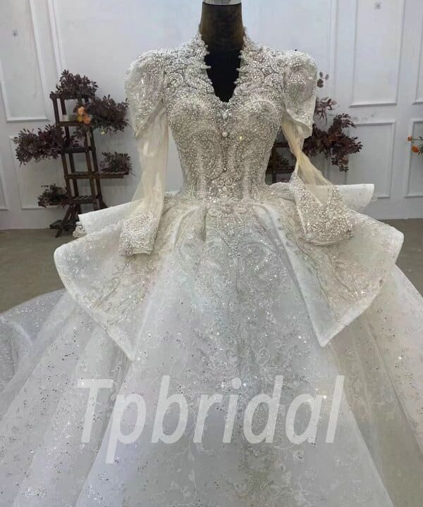 v neck long sleeve wedding dress 1076-003