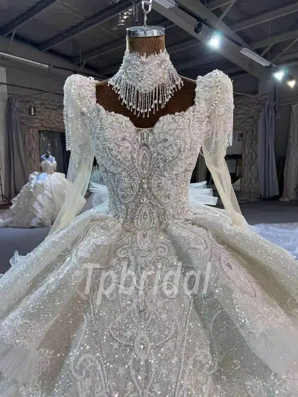 Ball Gown Long Sleeve Wedding Dress Heavy Beaded With Tail - Image 2