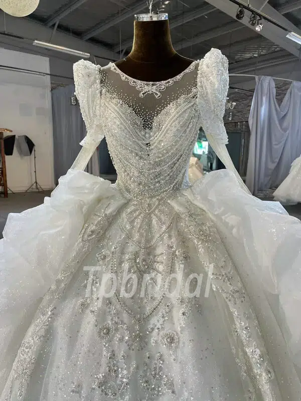 Big Puffy Wedding Dress Pearl Ball Gown Long Sleeve Long Tail