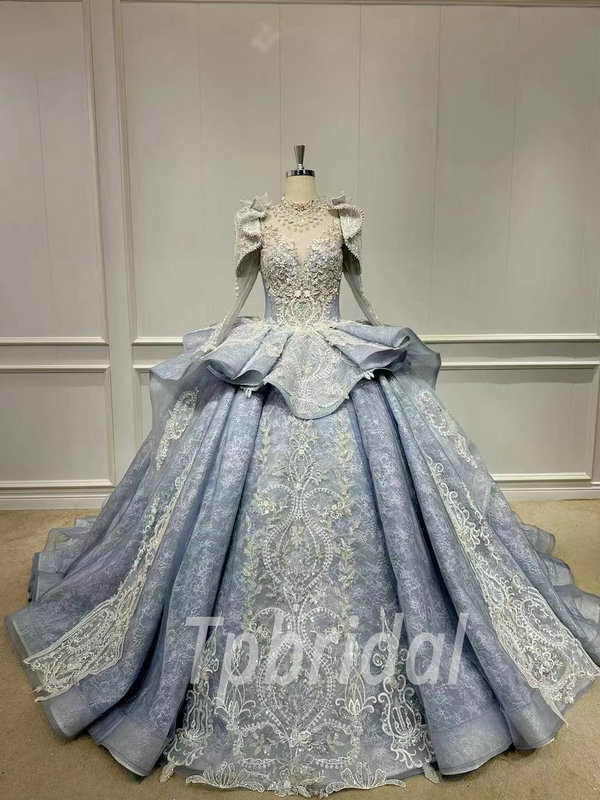 Colored Wedding Dresses Grey Blue High Neck Long Sleeve Prom