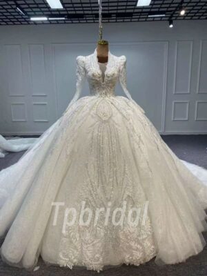 v neck ball gown long sleeve wedding dress 1147-001
