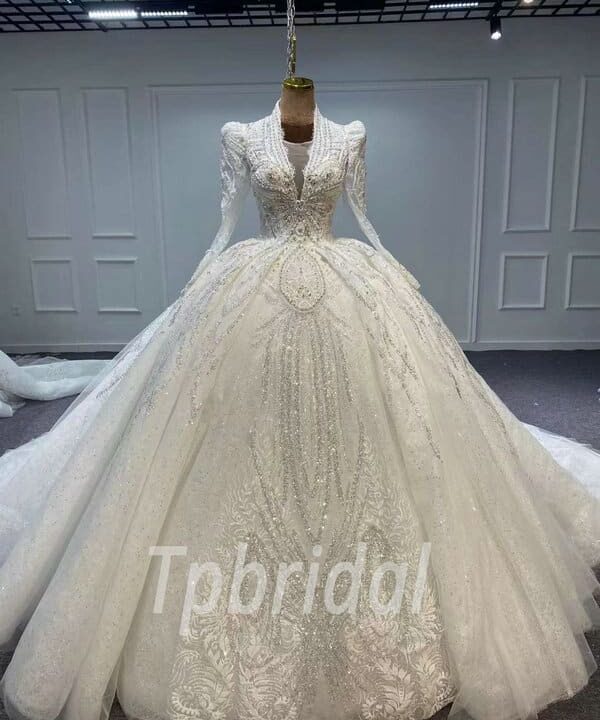 v neck ball gown long sleeve wedding dress 1147-001
