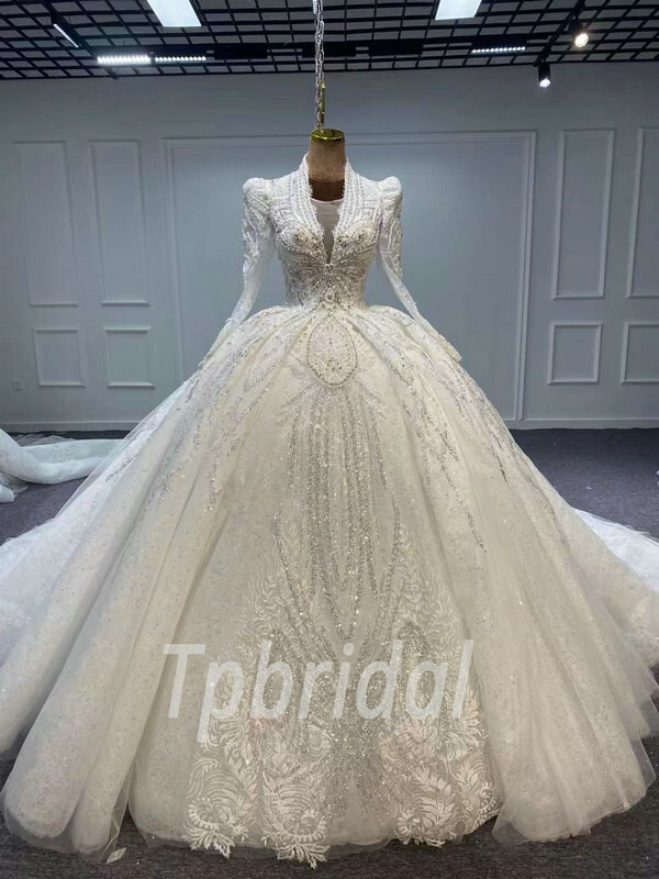v neck ball gown long sleeve wedding dress 1147-001
