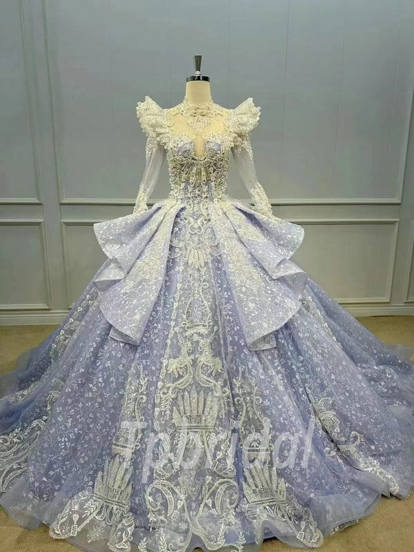 Purple Lace Wedding Dress High Neck Long Sleeve Prom Dress