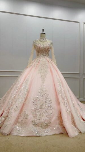 pink long sleeve wedding dress 1199-1 (4)