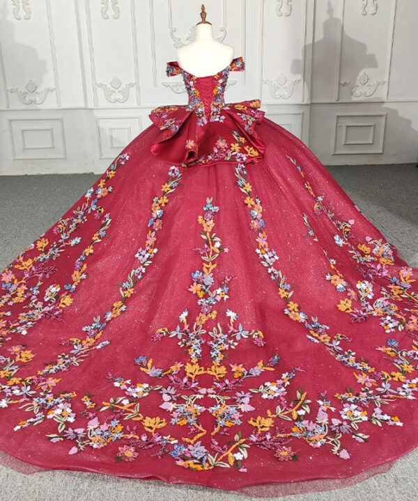 red quinceanera dress with flowers 1242-01
