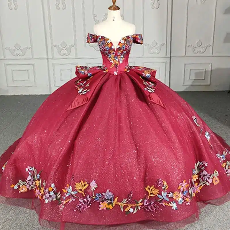 red quinceanera dress with flowers 1242-06
