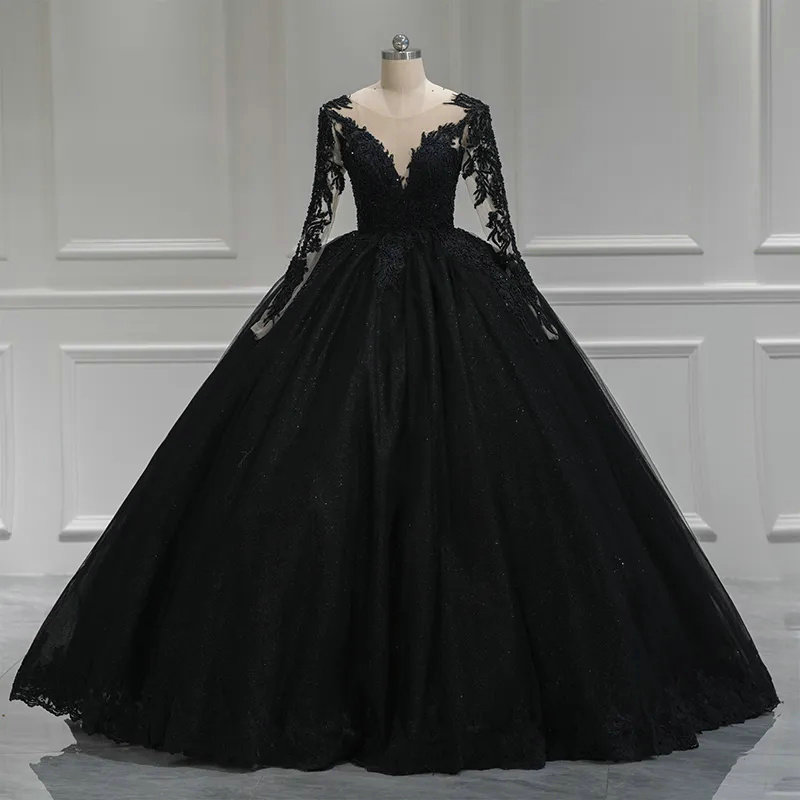 Black Long Sleeve Ball Gown Wedding Dress