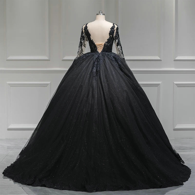 Black Long Sleeve Ball Gown Wedding Dress