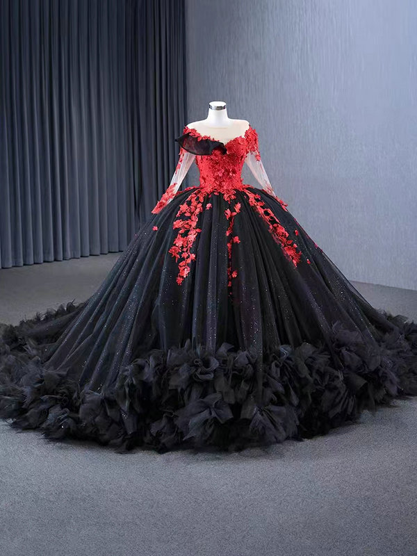 Black And Red Wedding Dresses Ball Gown With Sleeves