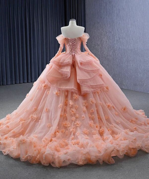 pink wedding dress with sleeves 1443-04