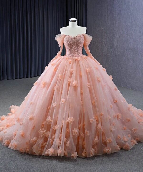 pink wedding dress with sleeves 1443-05