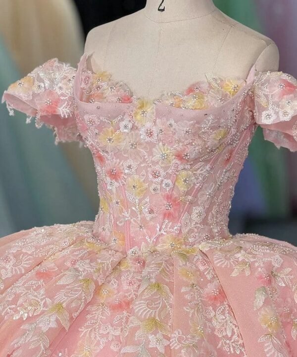pink quince dress with flowers 1509-06
