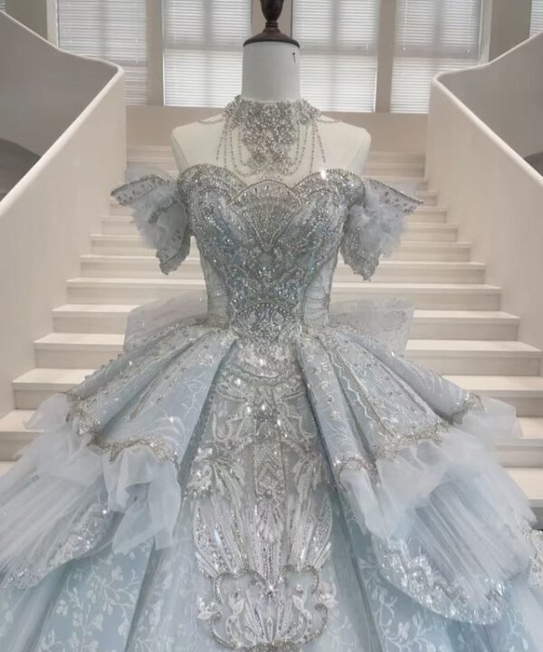 Alternative view of Blue Off The Shoulder Ball Gown Lace Wedding Dress