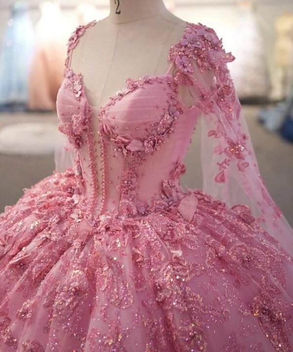 pink wedding dress with cape 1519-03
