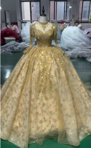 Gold bling lace wedding dress 1595- (5)