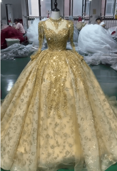 Gold bling lace wedding dress 1595- (5)