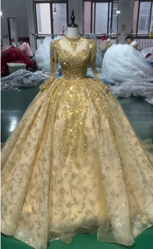 Gold bling lace wedding dress 1595- (5)