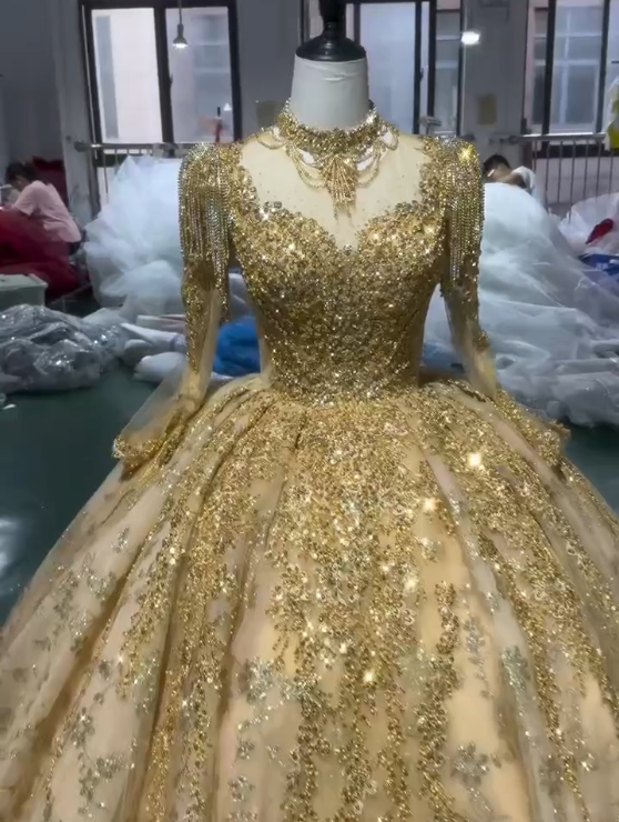 Gold bling lace wedding dress 1595- (6)