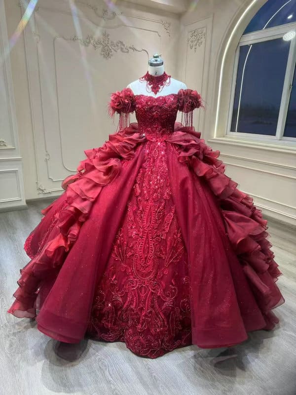 red lace prom gown 1599-005