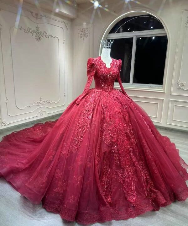 red long sleeve wedding dress 1598-001