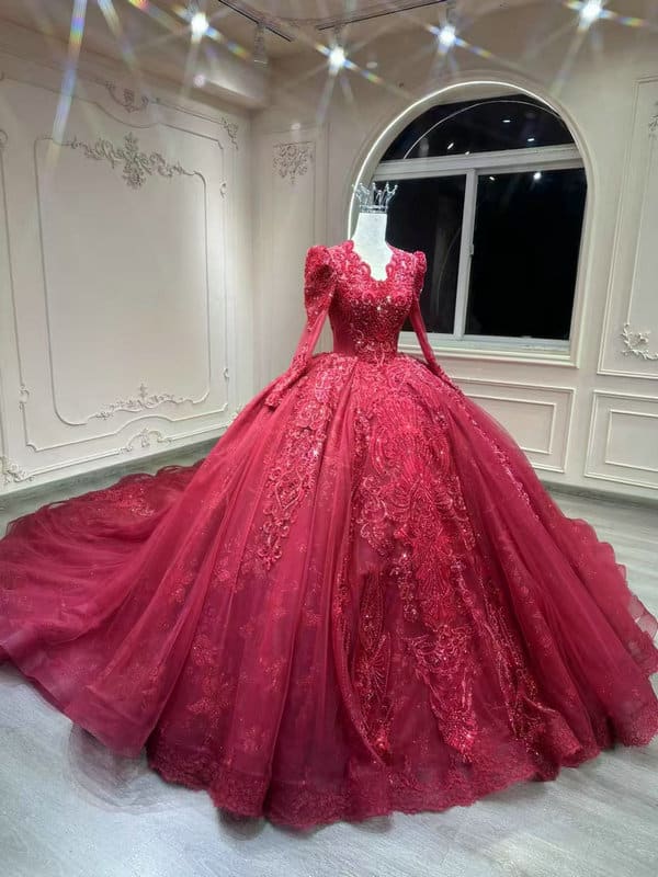 red long sleeve wedding dress 1598-001