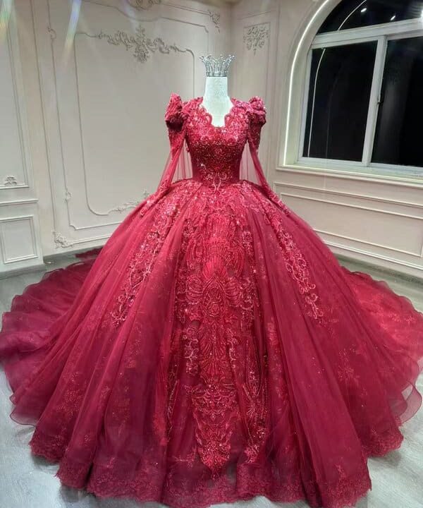 red long sleeve wedding dress 1598-002