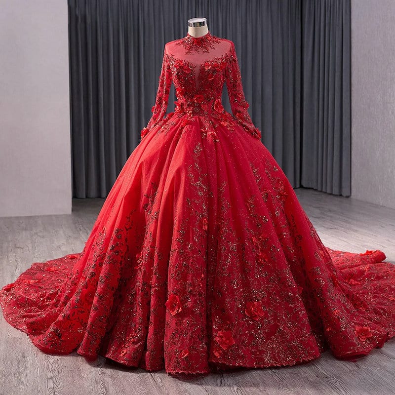 long sleeve red wedding dress 1682-01