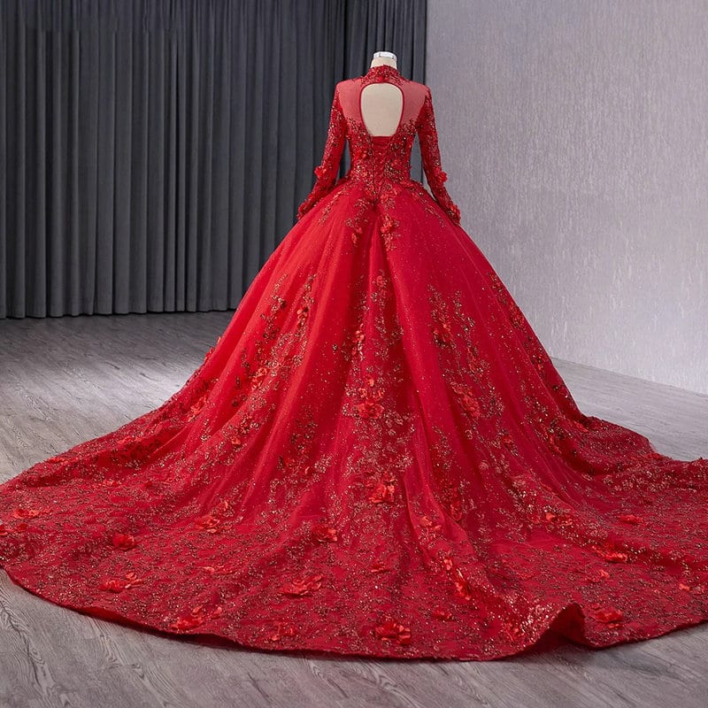 long sleeve red wedding dress 1682-05