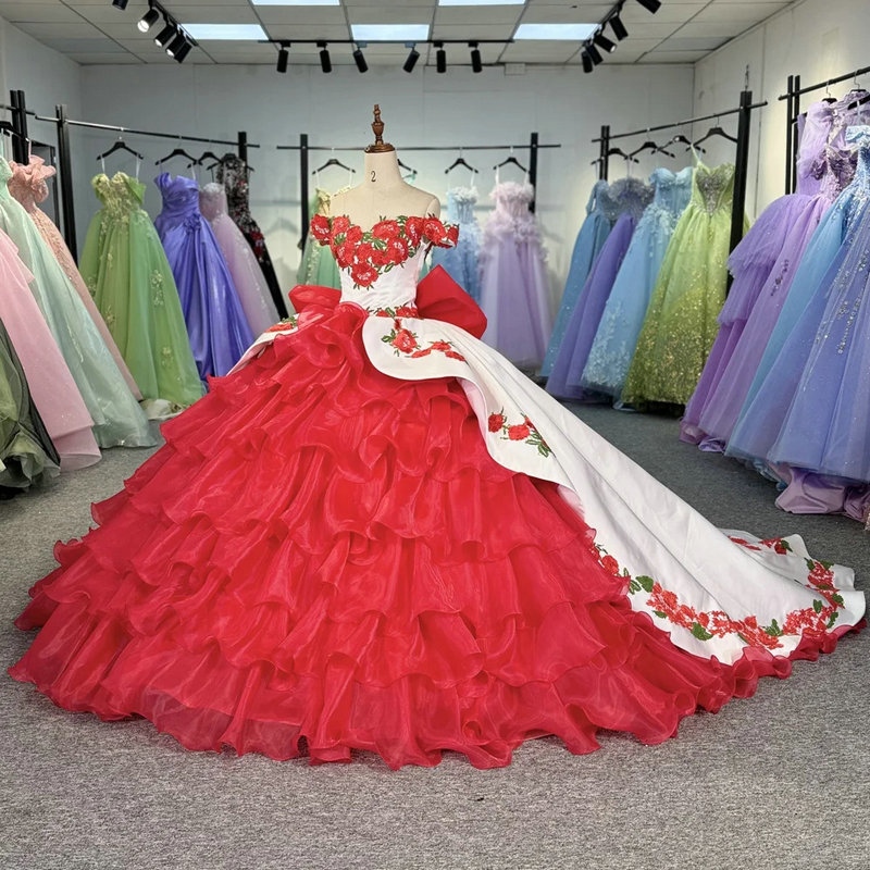 white and red quinceanera dresses 1706-04