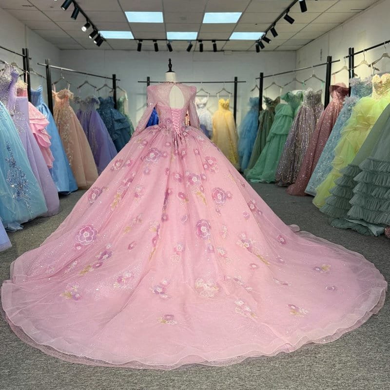 pink long sleeve wedding dress 1741-01